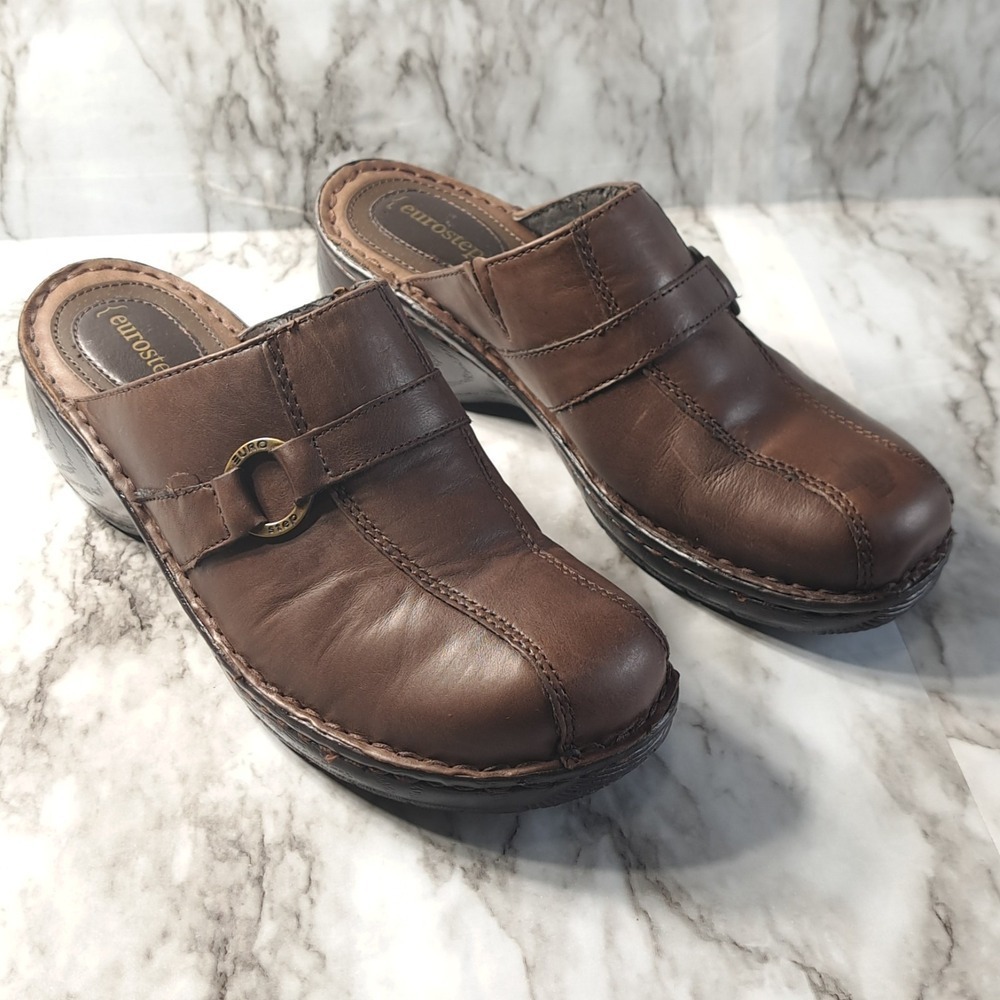 Eurostep Women's Sonata Shoes/Clogs 8M Brown Leather Mules Slip On Metal Ring